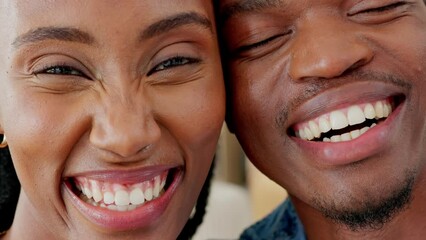 Sticker - White teeth, dental and couple or black people smile, looking happy with results in a mouth closeup. African man and woman portrait for dentistry health insurance, oral hygiene or whitening service