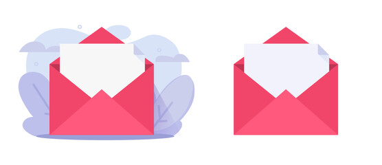 Wall Mural - open letter paper in envelope blank icon vector or email invitation card mockup template flat, mail 