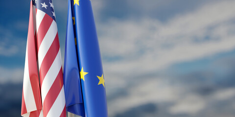 Sticker - EU and USA and relationship. US America and European Union flags, cloudy sky.