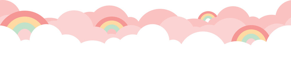 Wall Mural - Colorful rainbow with white cloud and bright pink sky bottom border seamless pattern.
