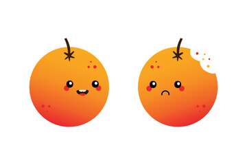 Wall Mural - Couple of cartoon style orange fruit characters cute and smiling and sad with bite mark.
