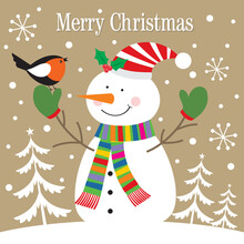 Christmas Card With Snowman And Robin Bird