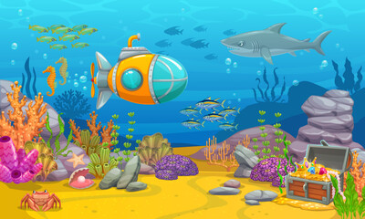 Underwater game landscape with submarine. Cartoon vector sea bottom with treasure chest, aquatic plants, coral reef, rocks and underwater animals. Ocean world with bathyscaphe, fish, shark and crab