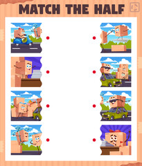 Wall Mural - Match the half game worksheet. Cartoon package box characters. Part search kids game or children vector riddle, matching puzzle worksheet with delivery and shipment service parcel box personages