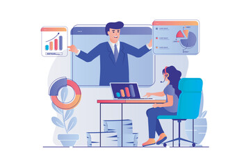 Aufkleber - Business webinar concept with people scene. Woman watching online training video with business coach, analyzing data and improves skills. Vector illustration with characters in flat design for web