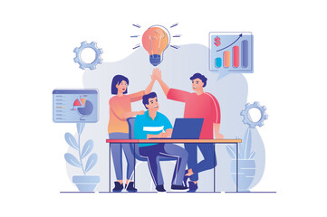 Poster - Teamwork concept with people scene. Man and woman brainstorming colleagues discuss work tasks, generate ideas and collaboration in office. Vector illustration with characters in flat design for web