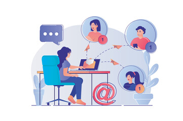 Aufkleber - Email service concept with people scene. Woman keeping online correspondence, chatting, receiving and sending letters for online friends. Vector illustration with characters in flat design for web