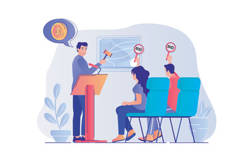 Aufkleber - Auction concept with people scene. Man auctioneer selling art painting, byers bidding, buying and investment money in valuable artworks. Vector illustration with characters in flat design for web