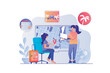 Travel agency concept with people scene. Woman chooses tour, operator helps tourist with traveling, booking hotel room and flight tickets. Vector illustration with characters in flat design for web