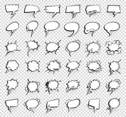Fototapete - Comic speech bubbles, isolated think and talk balloon clouds, cartoon vector. Comic speech dialog icons, blank empty message chat dialogue, speak or thought bubble templates, pop art sound balloons