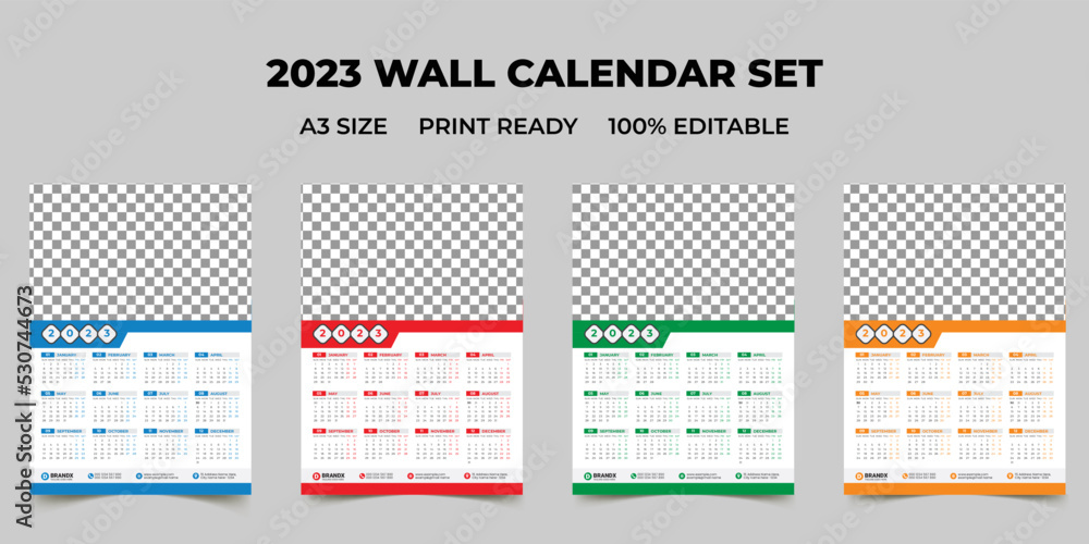 2023 Calendar square template design. Week starts on Sunday yellow ...
