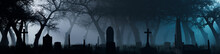 Halloween Background With Cemetery. Creepy Scene With Gravestones And Trees Enveloped In Pale Blue Fog.