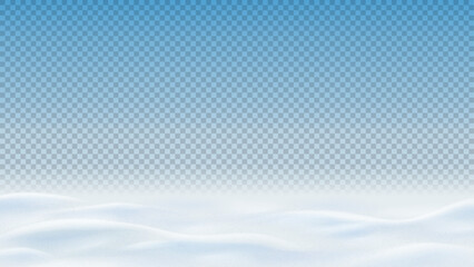 Winter landscape isolated on checkered background. Realistic texture of winter snow with snowdrifts. 3d vector illustration with frozen hills covered snow. Winter desert.