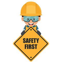 Industrial worker holding safety first sign. Engineer with his personal protective equipment. Industrial safety and occupational health at work