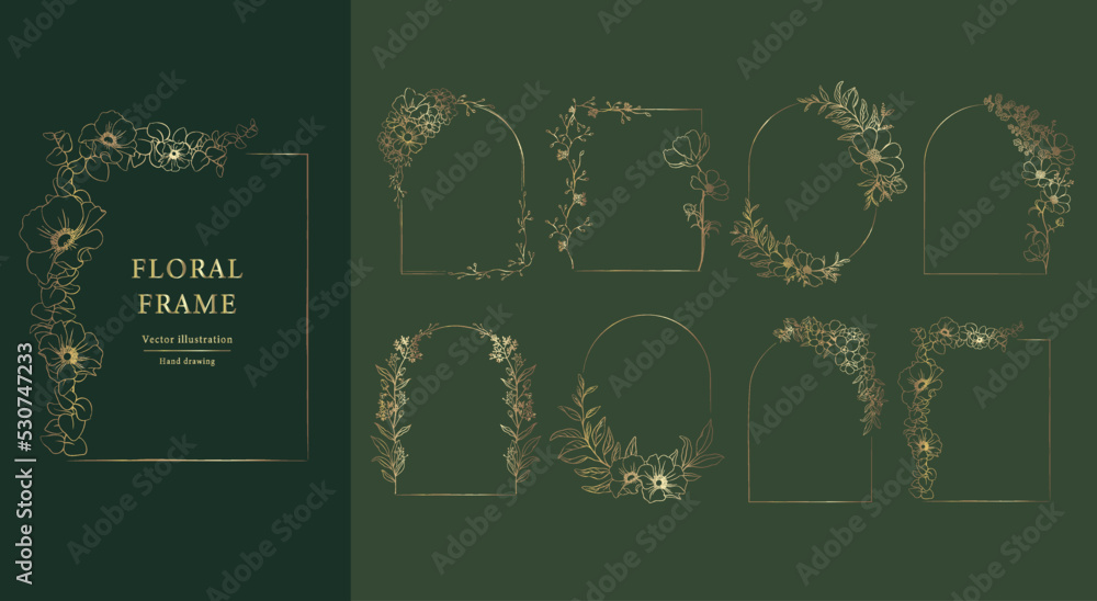 Floral Frame set . Hand drawn Botanical vector illustration. Gold ...