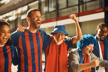 Canvas Print - Excited soccer fans shouting while celebrating victory of their team on the street.