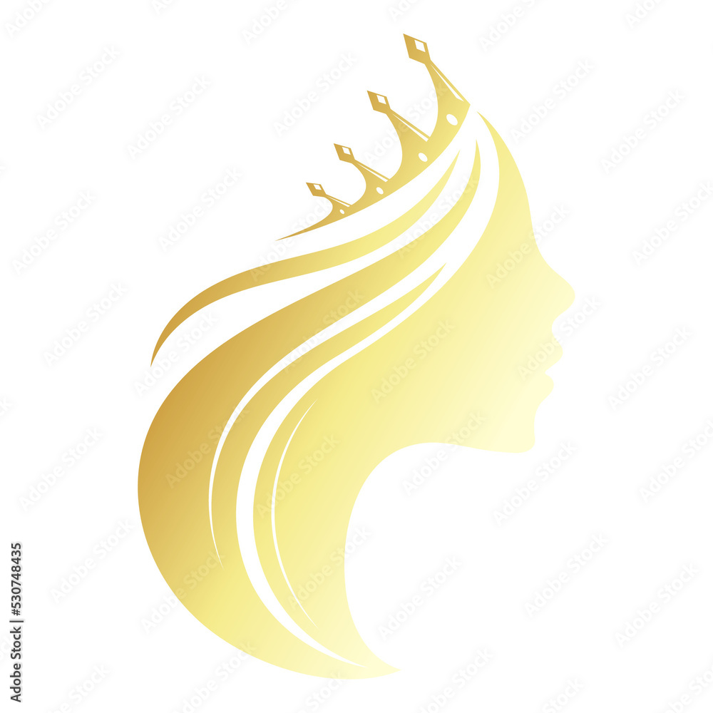 Golden silhouette of a girl with a crown. Symbol for stylist and hair ...