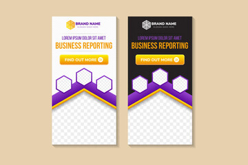 Wall Mural - hexagon purple Businesses reporting Roll Up Banner flat design template ,Abstract Geometric vertical banner. modern vector illustration set, presentation brochure flyer. black and white background.