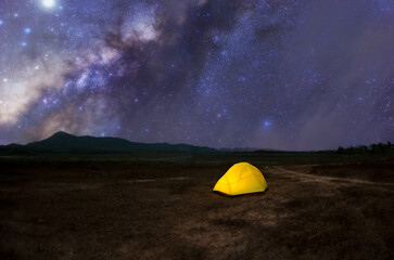 Wall Mural - yellow tent under milky way galaxy lampang thailand, universe galaxy milky way time lapse, dark milk