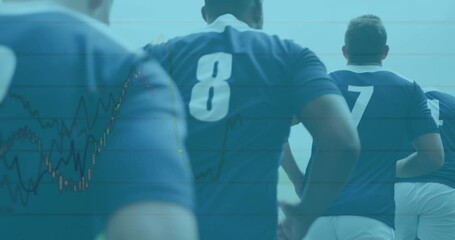 Canvas Print - Animation of financial data processing over diverse rugby players on field