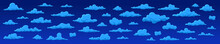 Blue Cumulus Clouds Against A Dark Evening Sky In Moonlight. Vector Illustration. Game Design Of The Environment. Panorama