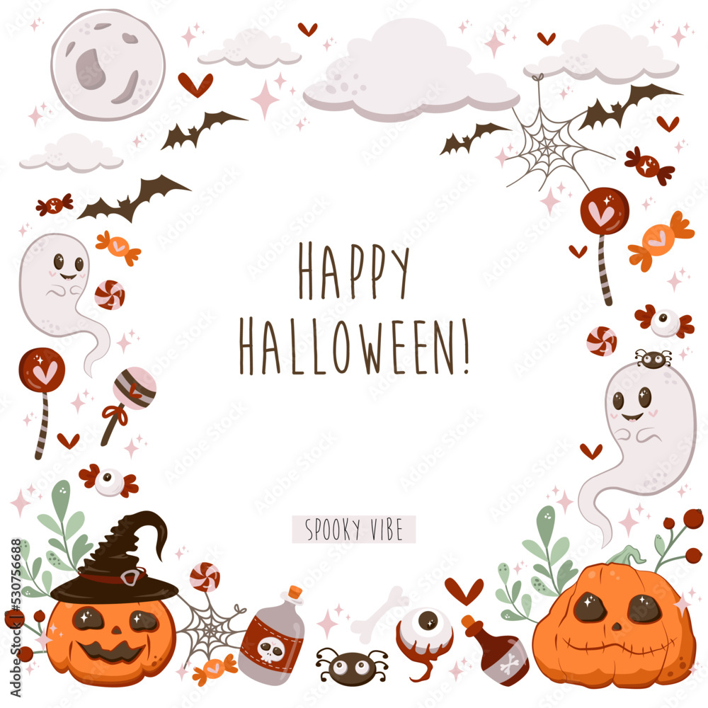 Halloween vector cartoon frame with cute characters, ghost, witch hat ...