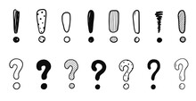 Doodle Exclamation Point And Question Sign Mark Set. Hand Drawn Sketch Style Exclamation Point Sign, Question Mark. Scribble Doodle Warning Sign. Isolated Vector Illustration.
