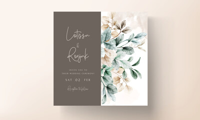 elegant wedding invitation card watercolor leaves with sage color