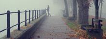 Young Woman Walking Alone Down The Alley In Autumn Mist