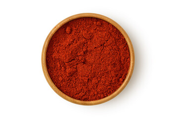 Wall Mural - Paprika powder in wooden bowl on white background