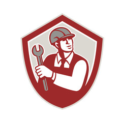 Sticker - Mechanic Holding Wrench Shield Crest Retro