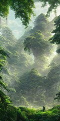 Wall Mural - Tropical jungle, everything is covered with plants and trees. Vertical cliff, tropical background. 3d illustration