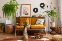 Vintage And Cozy Space Of Dining Room With Mock Up Poster Frame, Yellow Sofa, Marble Coffee Table, Guitar, Plants, Commode, Decoration And Personal Accessories. Stylish Home Decor. Template.	