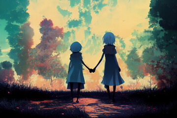 Wall Mural - hand holding with a robot, 2d style, anime style . High quality 3d illustration