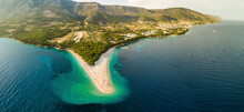 Aerial view of Golden Horn beach on Zlatni Rat in Bol on the island of Brac, Croatia.