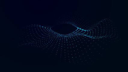 Wall Mural - Vector futuristic dark background. The wave effect of a web of blue dots. Big data. Illustration of technologies and artificial intelligence. The effect of particle oscillation.