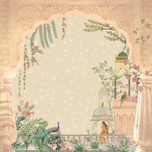 Traditional Mughal Garden, Arch, Peacock, Plant With Seated Queen Illustration For Wallpaper