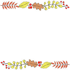 Wall Mural - Vector background, frame made of colorful autumn leaves, berries on edges. Horizontal top and bottom edging, border, decoration for seasonal design, thanksgiving theme and happy fall