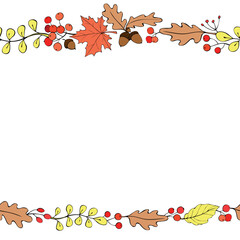 Wall Mural - Vector background, frame made of colorful autumn leaves, berries, acorns on edges. Horizontal top and bottom edging, border, decoration for seasonal design, thanksgiving theme and happy fall
