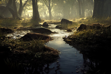 Fluss im Sumpf in einer nebeligen Landschaft