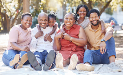 Sticker - Big family portrait, black people and children, grandparents at outdoor park, picnic or get together. Hug and love of African mother, father and kids with senior grandmother and grandfather in Africa