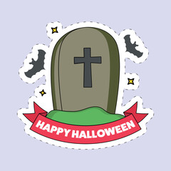 Wall Mural - Sticker Style Happy Halloween Font With Tombstone, Flying Bats On Blue Background.