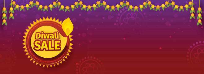 Wall Mural - Indian Light Festival, Diwali Sale Header or Banner with Creative Oil Lit Lamp, Merigold Garlands on Shiny Gradiant Background with Space for Your Message.