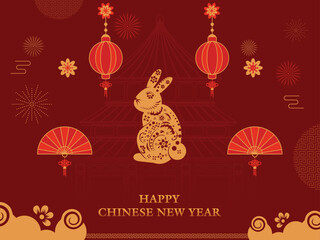 Sticker - Happy Chinese New Year Font With Elegant Rabbit, Folded Fans And Traditional Lanterns Hang On Red Heaven Temple Background.