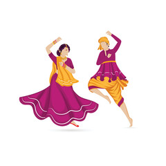 Wall Mural - Faceless Indian Couple Playing Dandiya In Traditional Attire On White Background.