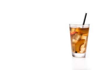 Poster - Glass of peach tea with ice cubes isolated on white background