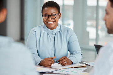 Poster - Planning meeting, business partnership and black woman with smile for marketing team strategy, work communication and happy with office collaboration. African manager talking to employees at company