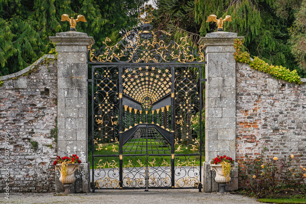 Beautiful, ornate wrought iron gate with golden details in Powerscourt ...