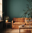 Leinwandbild Motiv Dark green home interior with old retro furniture, 3d render