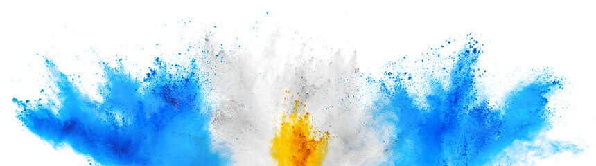Wall Mural - colorful argentinian flag cyan blue yellow color holi paint powder explosion isolated white background. argentina south america qatar celebration soccer travel tourism concept